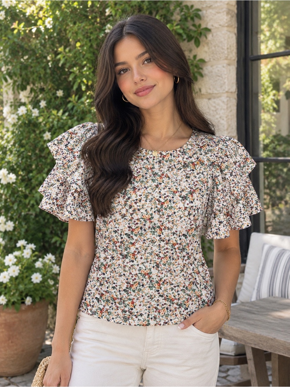 Zara White Floral Puff Sleeve Blouse